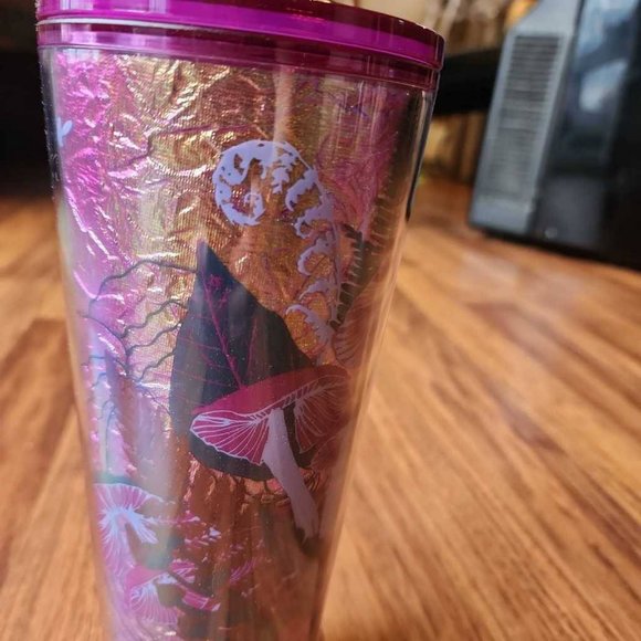 Starbucks 2022 Fall Mushroom Fern Forest Foil Tumbler Purple Gold Straw 24oz New - Picture 2 of 5
